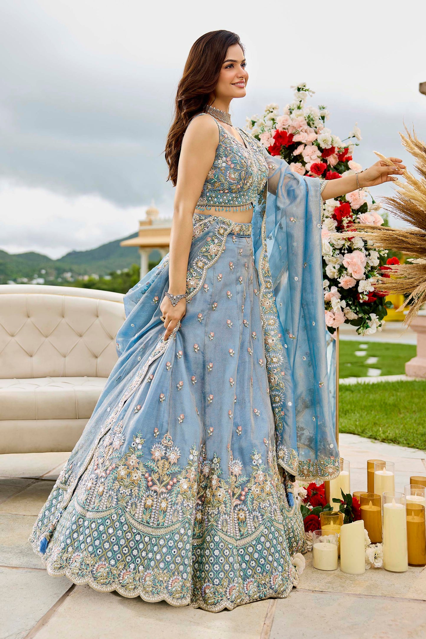 Blue Satin Silk Sequins Embroidered Ready to Wear Engagement Lehenga Choli