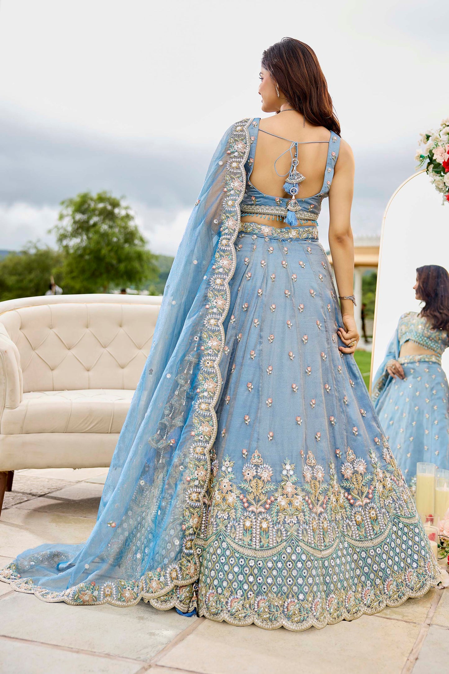 Blue Satin Silk Sequins Embroidered Ready to Wear Engagement Lehenga Choli