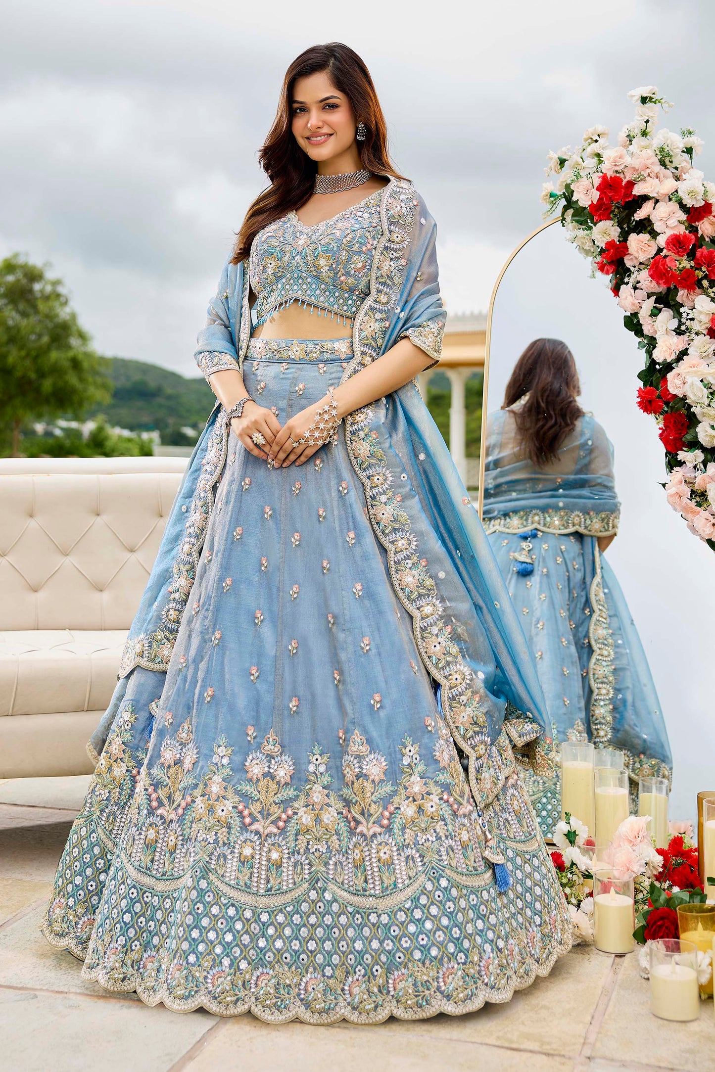 Blue Satin Silk Sequins Embroidered Ready to Wear Engagement Lehenga Choli
