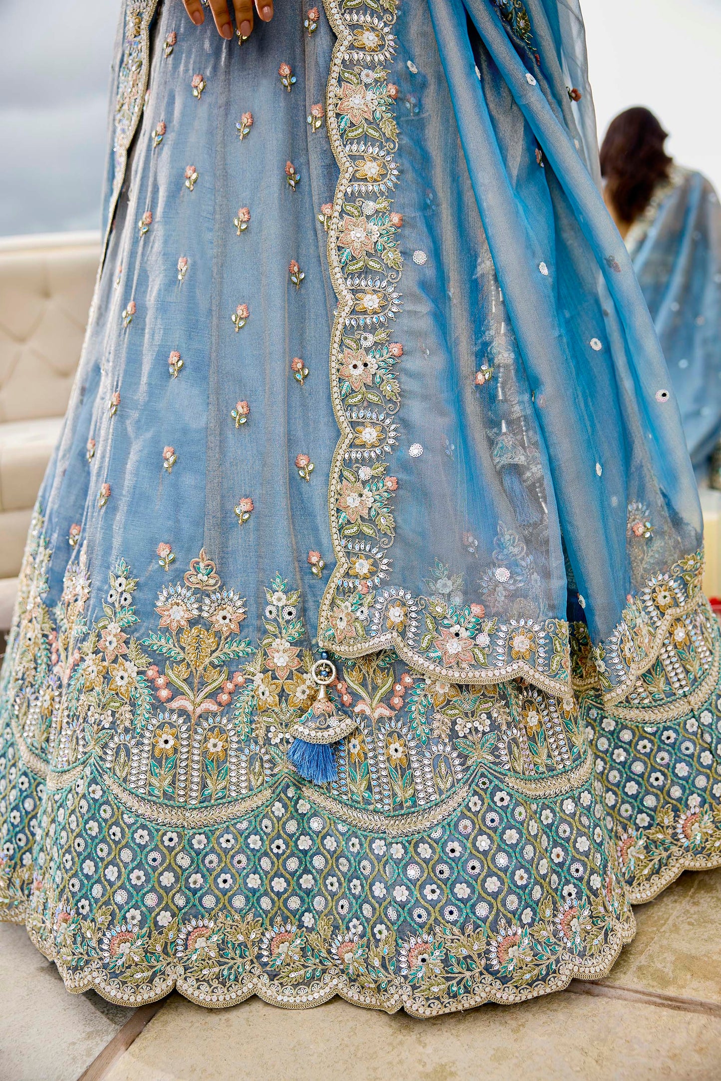 Blue Satin Silk Sequins Embroidered Ready to Wear Engagement Lehenga Choli