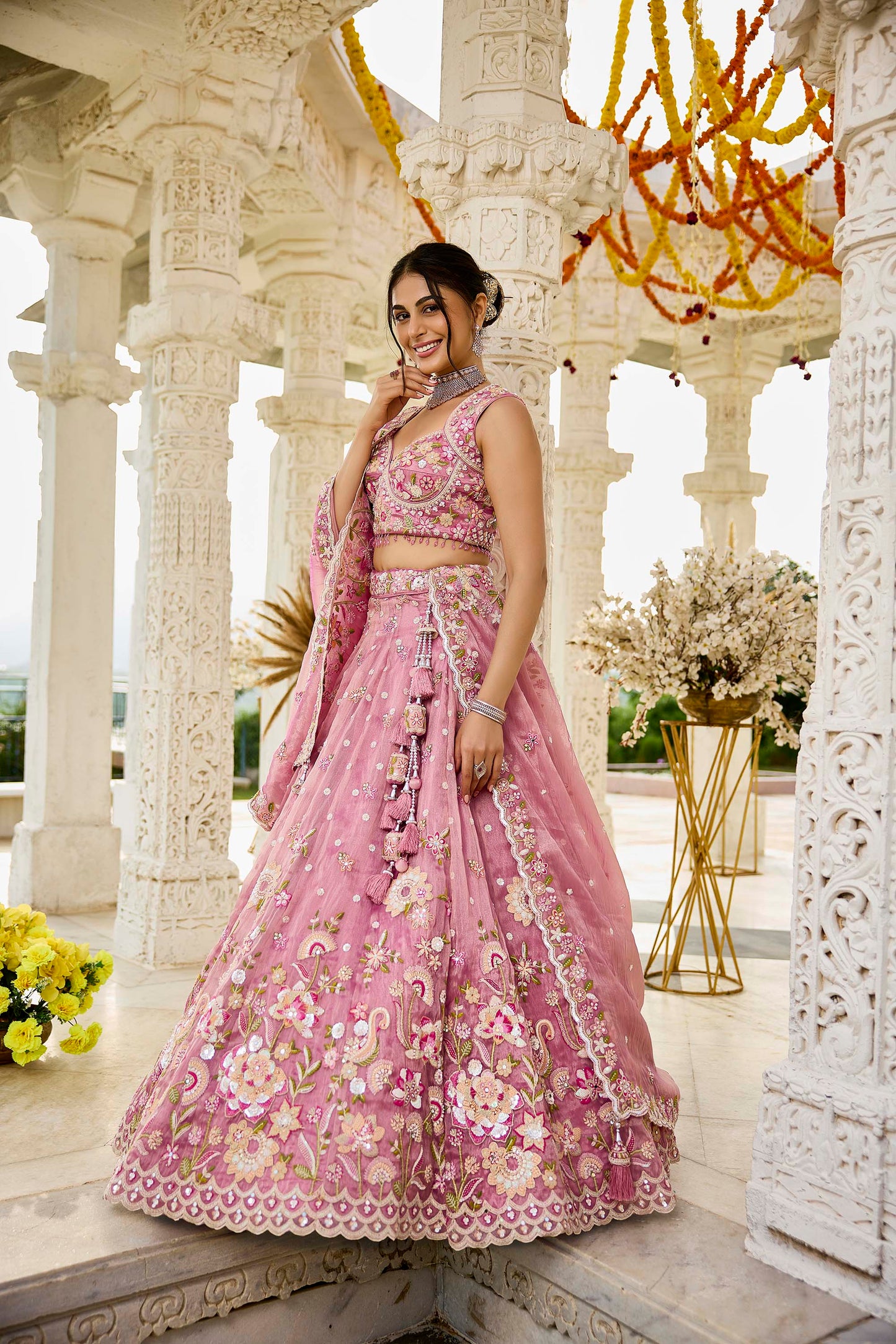 Pink Organza Beads & Sequins Embroidered Ready to Wear Bridal Lehenga Choli