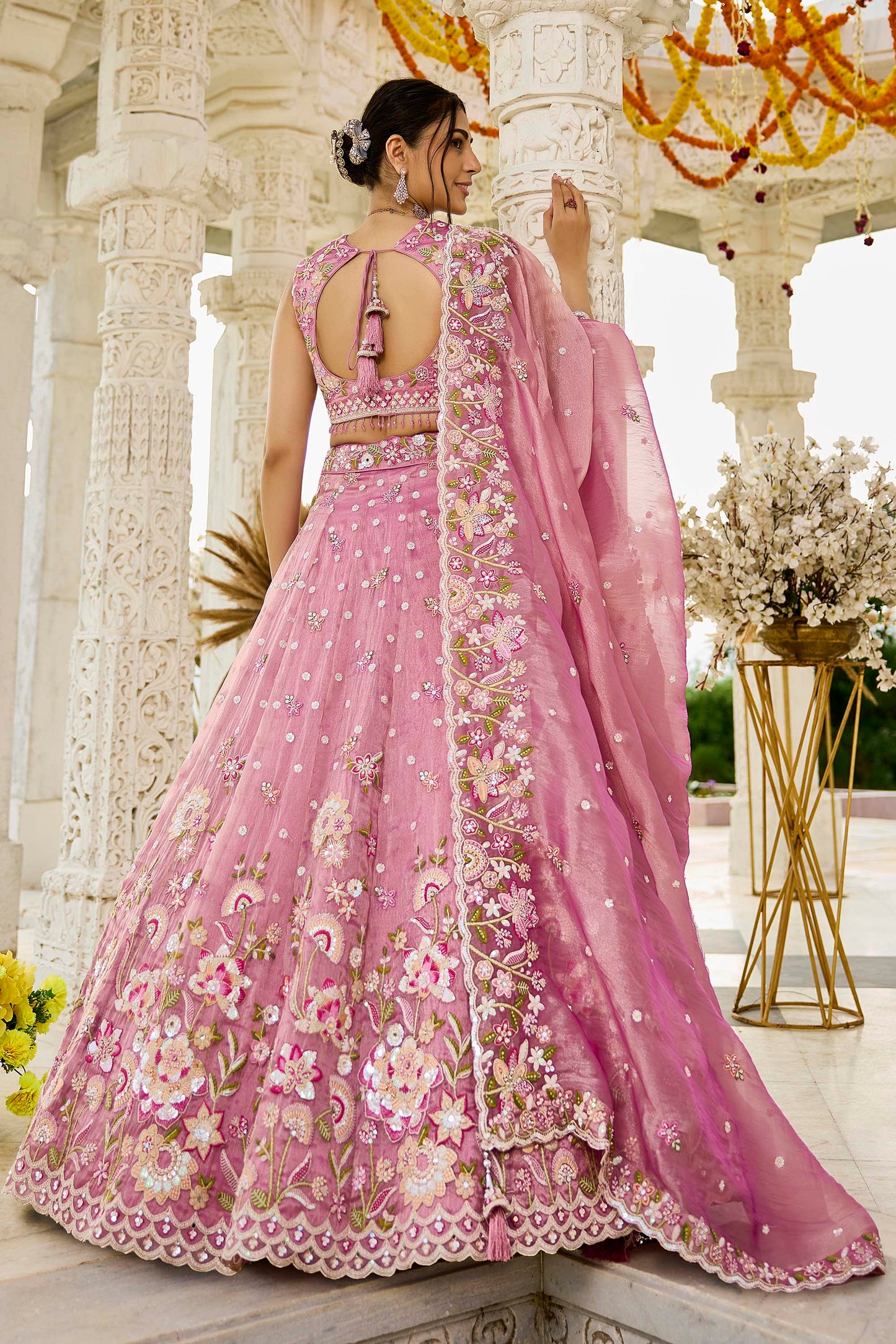 Pink Organza Beads & Sequins Embroidered Ready to Wear Bridal Lehenga Choli
