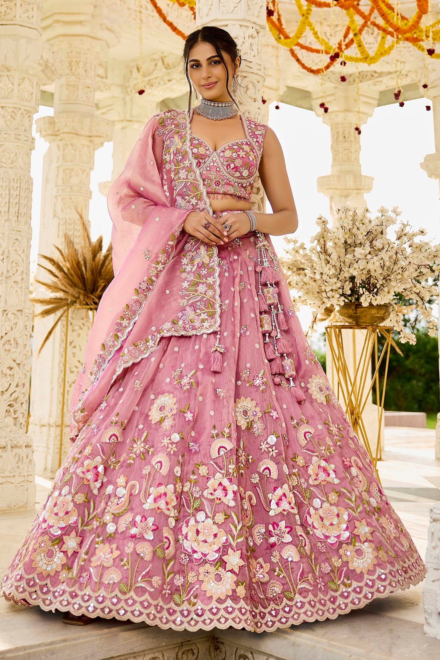Pink Organza Beads & Sequins Embroidered Ready to Wear Bridal Lehenga Choli