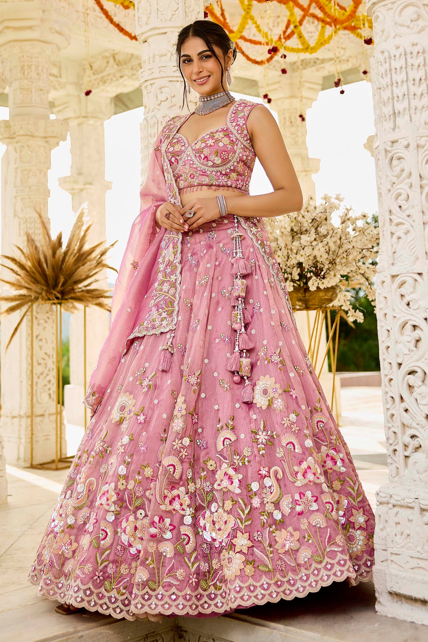 Pink Organza Beads & Sequins Embroidered Ready to Wear Bridal Lehenga Choli