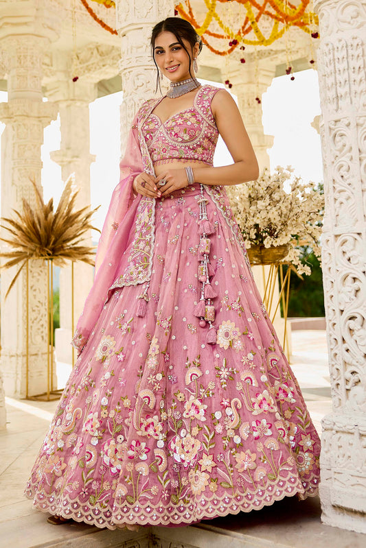 Pink Organza Beads & Sequins Embroidered Ready to Wear Bridal Lehenga Choli