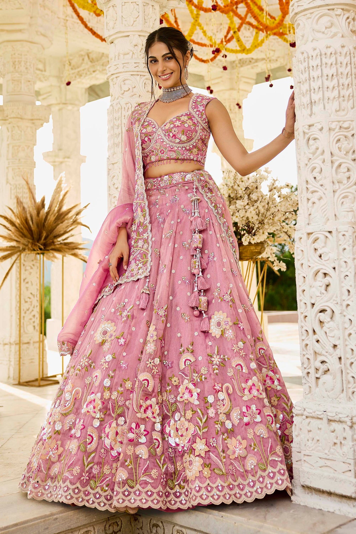 Pink Organza Beads & Sequins Embroidered Ready to Wear Bridal Lehenga Choli