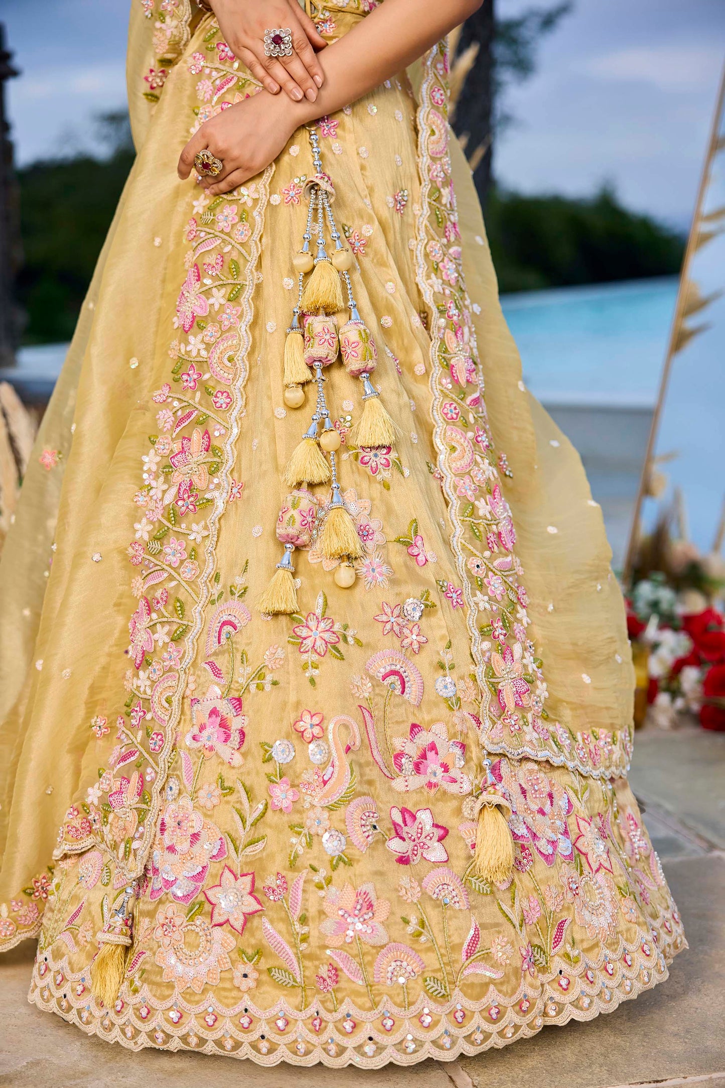 Yellow Organza Fabric Beads & Sequins Embroidered Ready to Wear Bridal Lehenga for Haldi