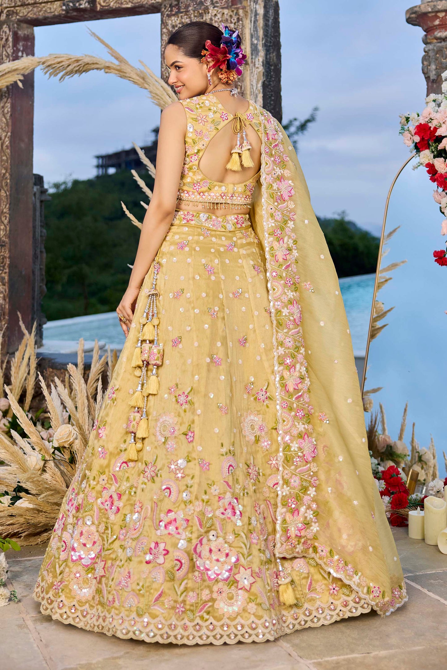 Yellow Organza Fabric Beads & Sequins Embroidered Ready to Wear Bridal Lehenga for Haldi