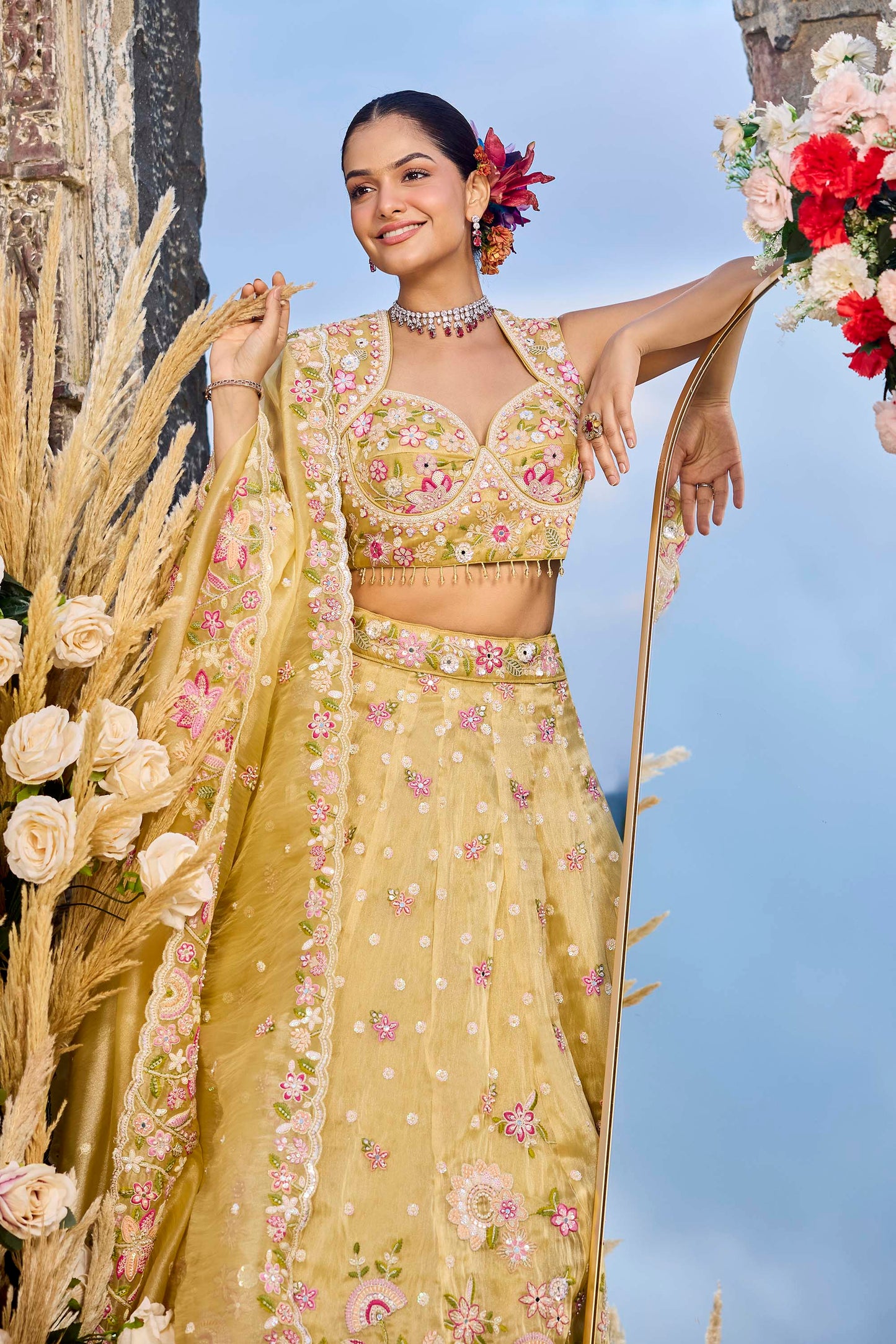 Yellow Organza Fabric Beads & Sequins Embroidered Ready to Wear Bridal Lehenga for Haldi