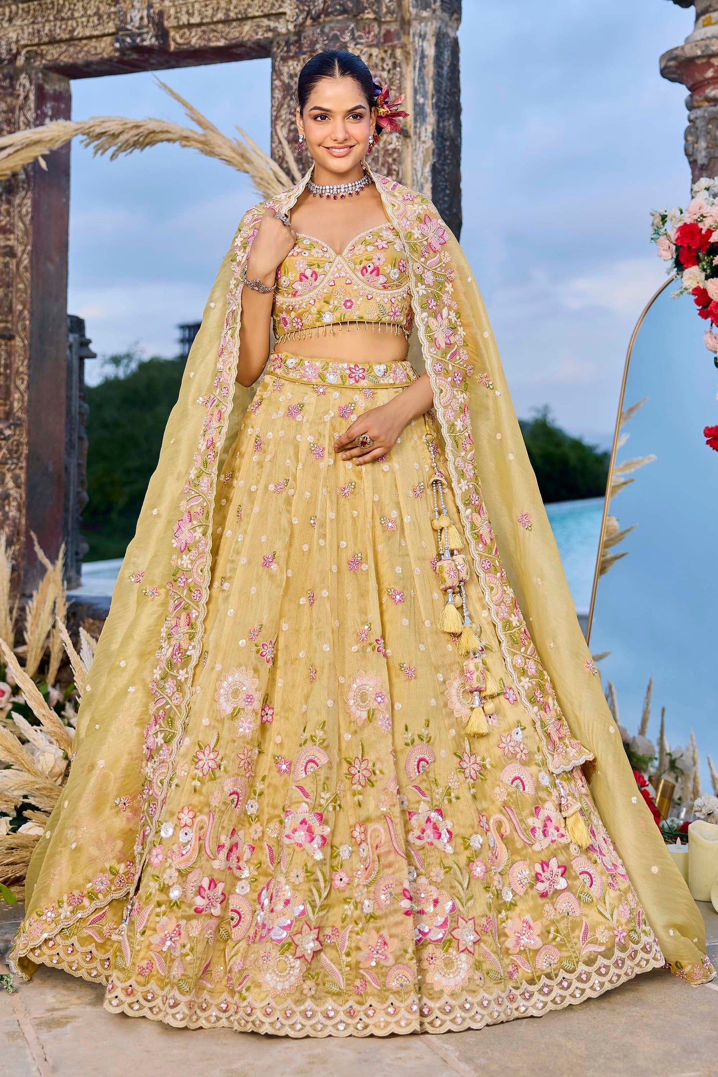 Yellow Organza Fabric Beads & Sequins Embroidered Ready to Wear Bridal Lehenga for Haldi