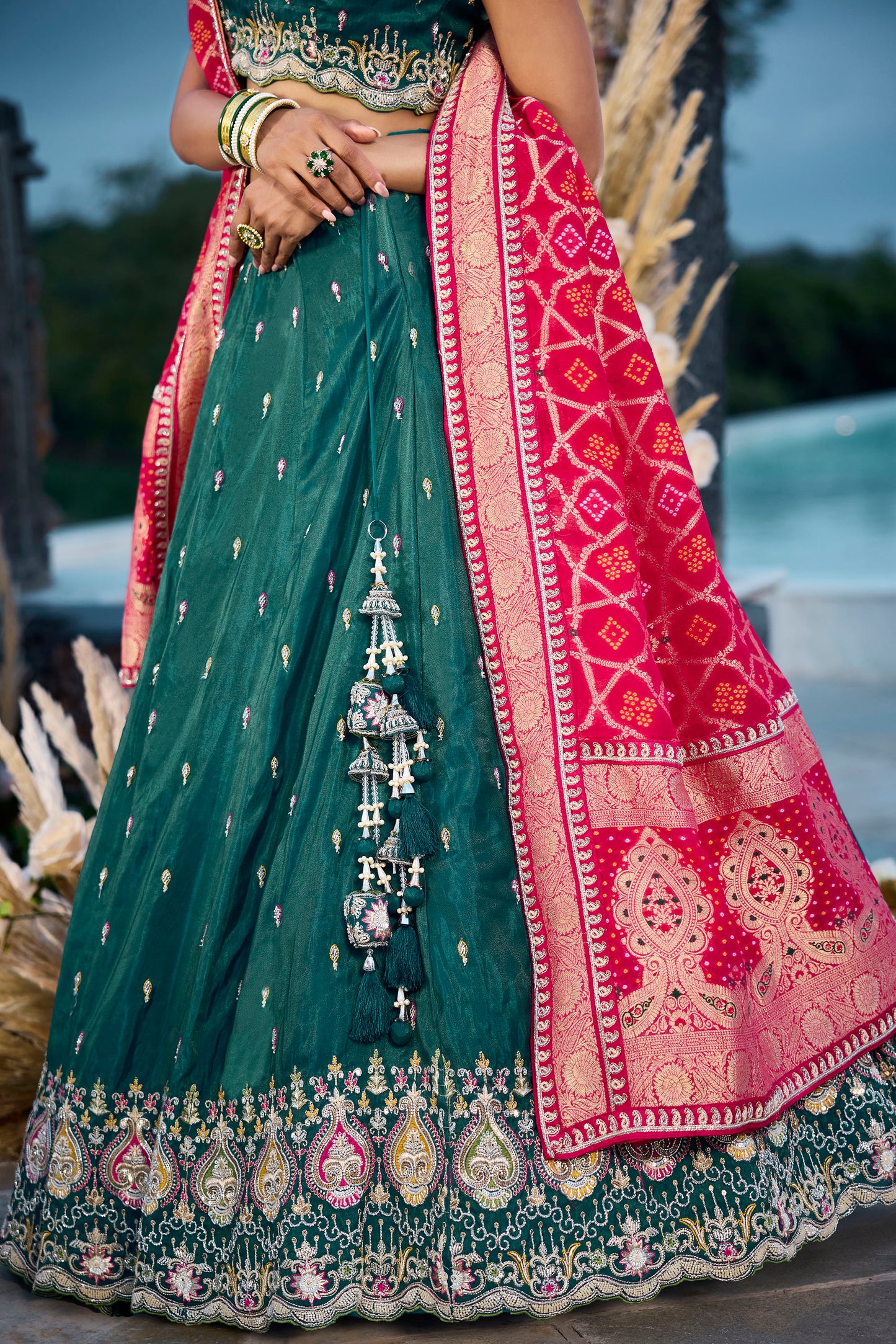 Green Silk Beads & Sequins Embroidery Lehenga for Mehendi