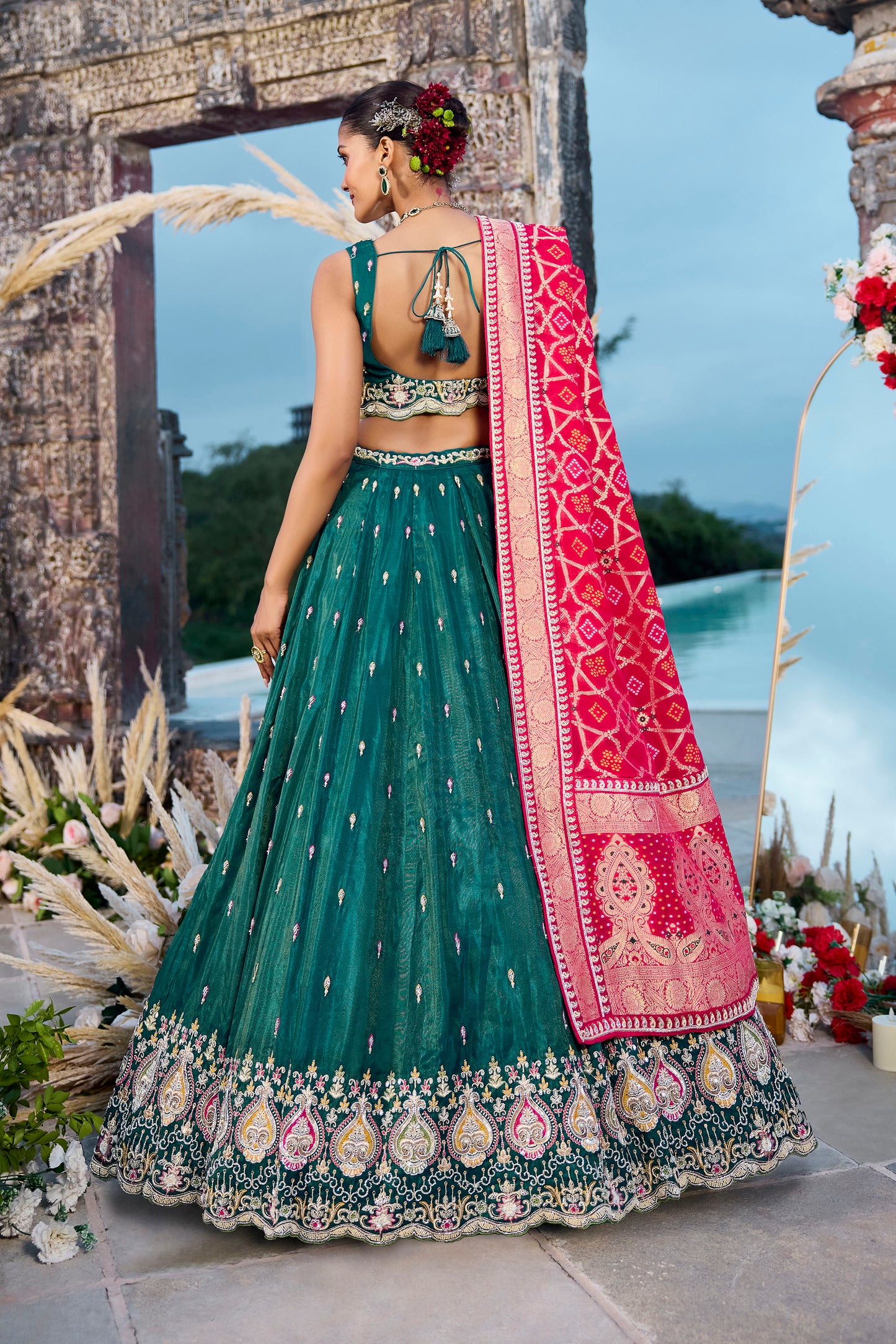 Green Silk Beads & Sequins Embroidery Lehenga for Mehendi