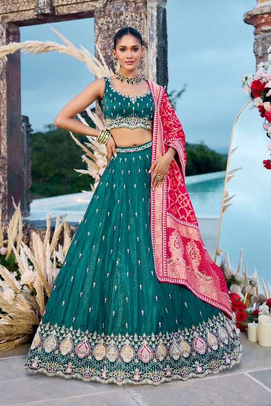 Green Silk Beads & Sequins Embroidery Lehenga for Mehendi
