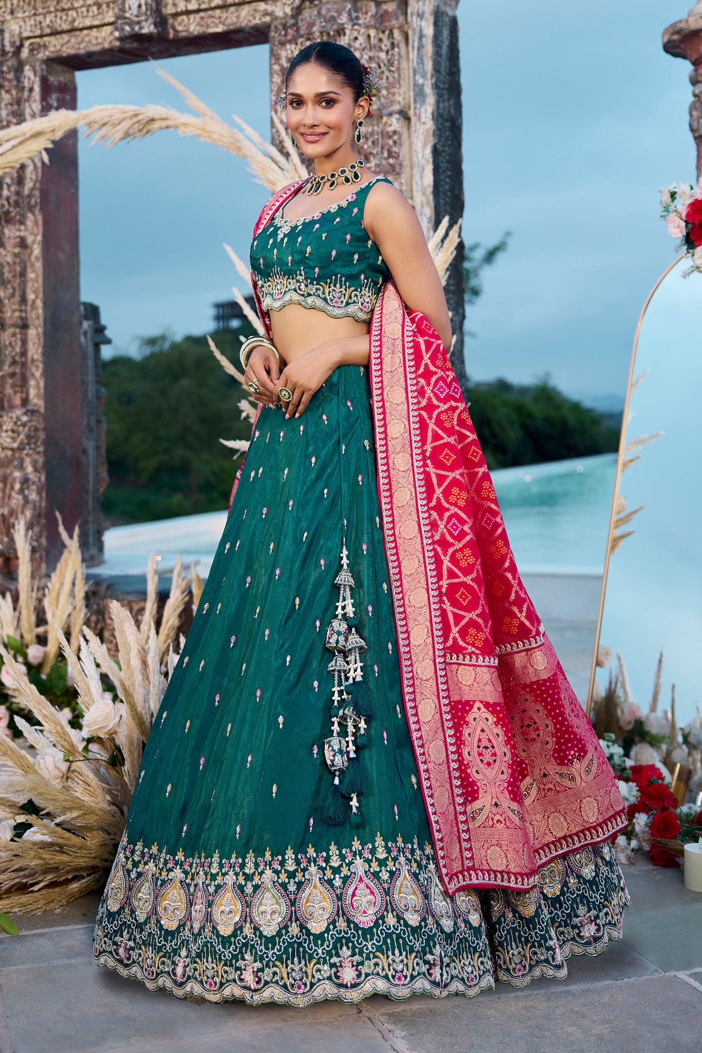Green Silk Beads & Sequins Embroidery Lehenga for Mehendi