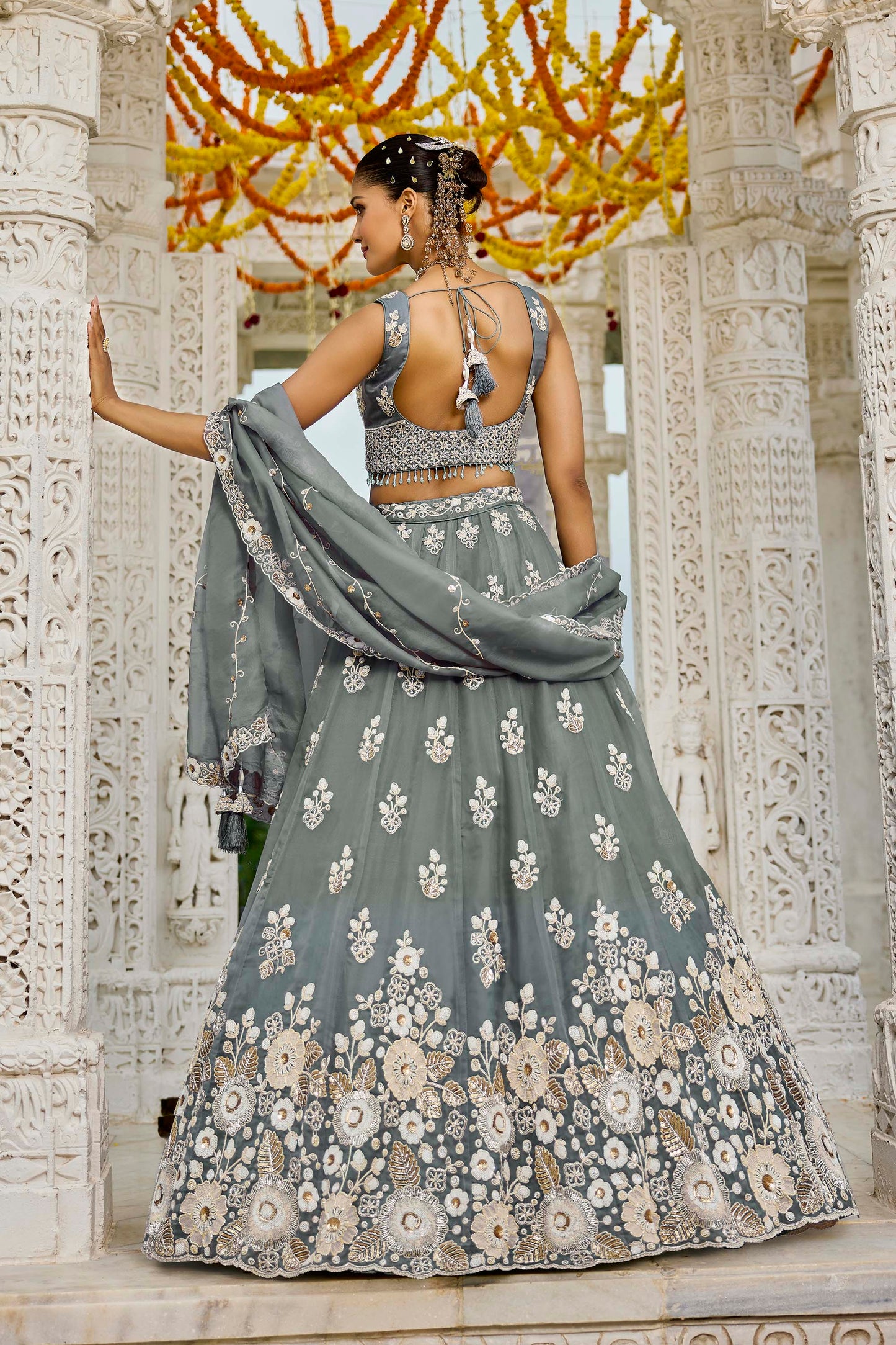 Grey Organza Beads & Sequins Embroidered Ready to Wear Engagement Lehenga Choli