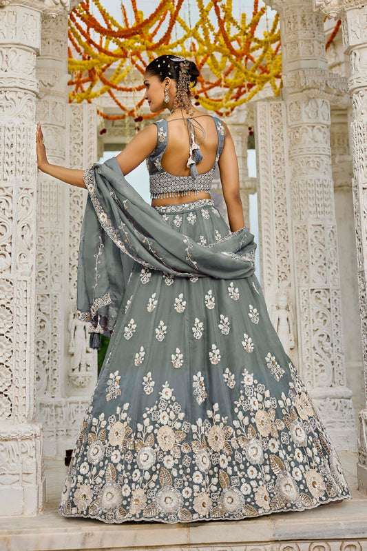 Grey Organza Beads & Sequins Embroidered Ready to Wear Engagement Lehenga Choli