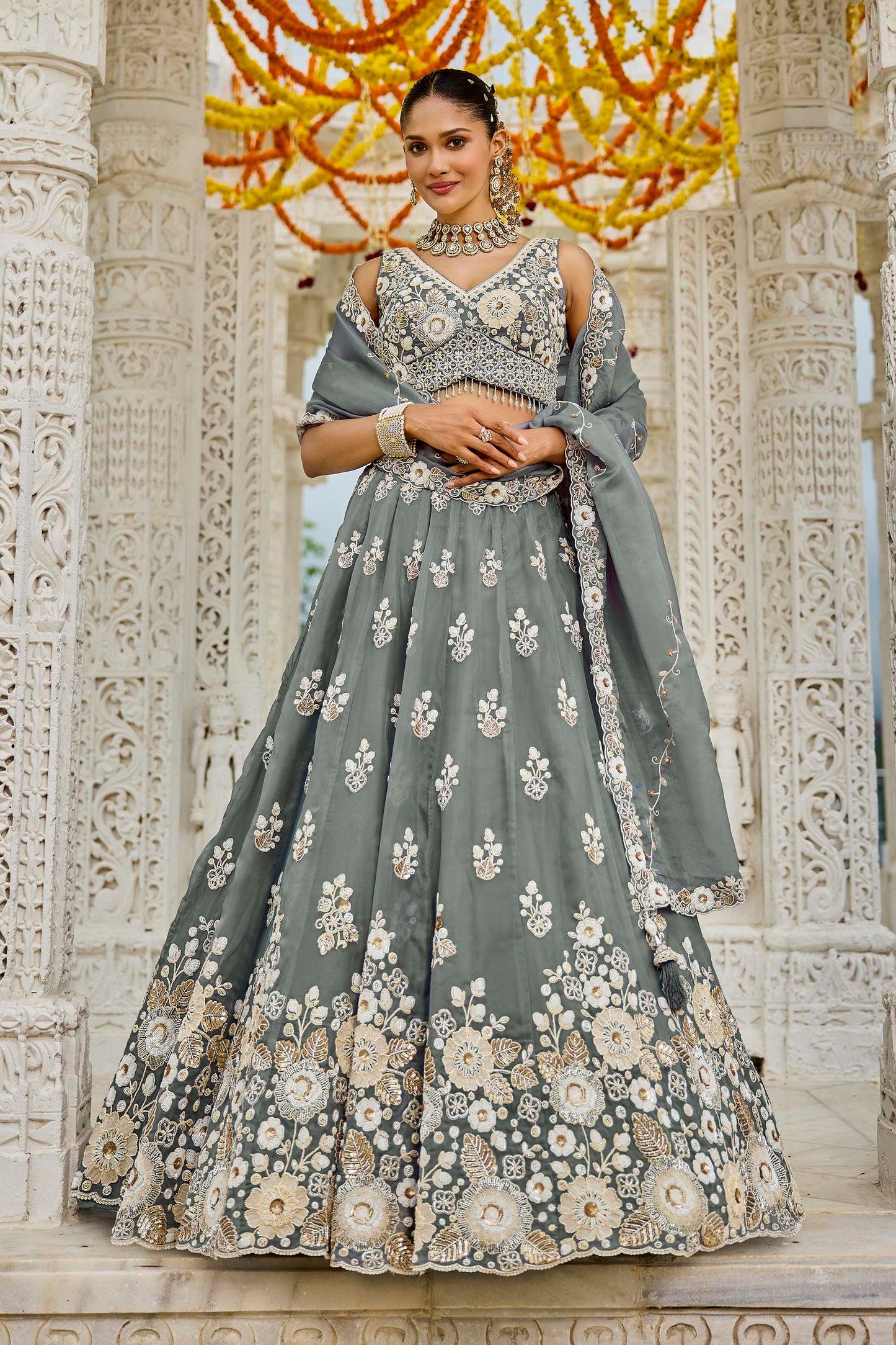 Grey Organza Beads & Sequins Embroidered Ready to Wear Engagement Lehenga Choli