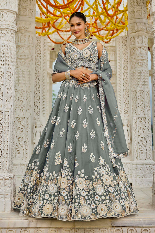 Grey Organza Beads & Sequins Embroidered Ready to Wear Engagement Lehenga Choli