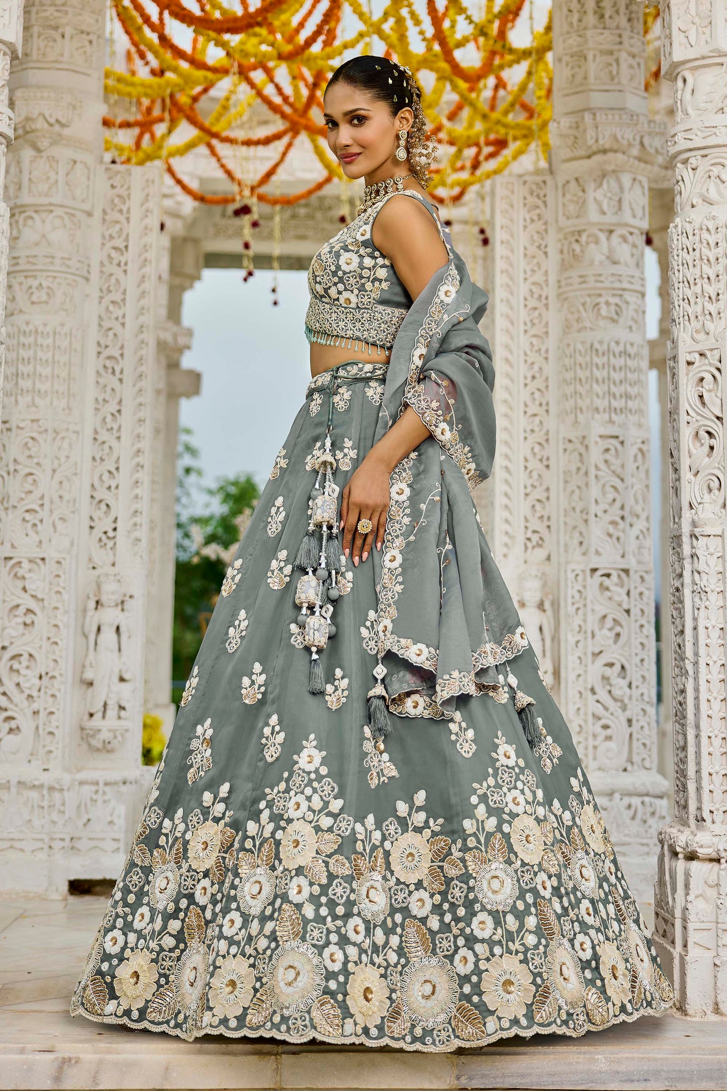 Grey Organza Beads & Sequins Embroidered Ready to Wear Engagement Lehenga Choli