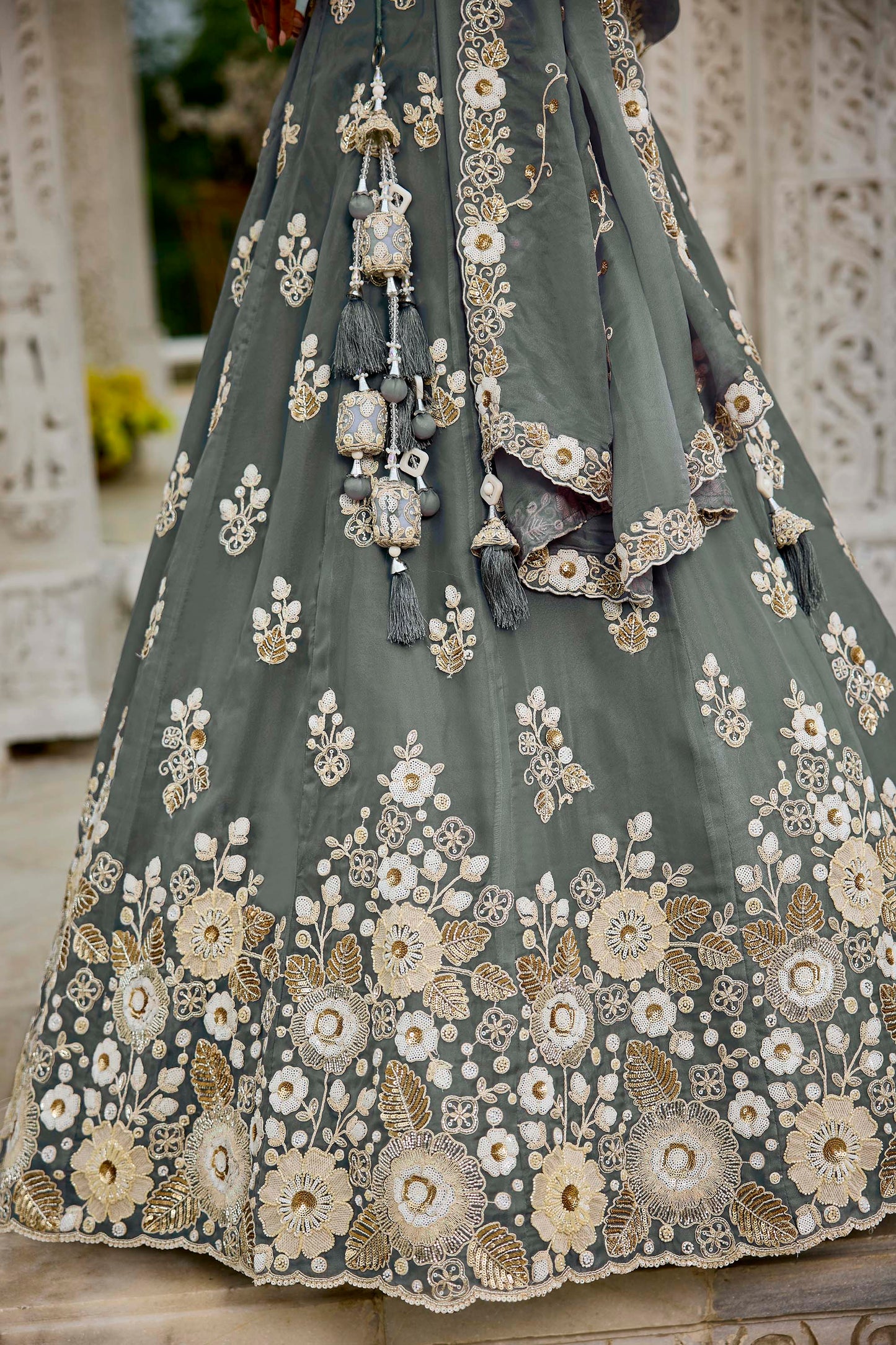 Grey Organza Beads & Sequins Embroidered Ready to Wear Engagement Lehenga Choli
