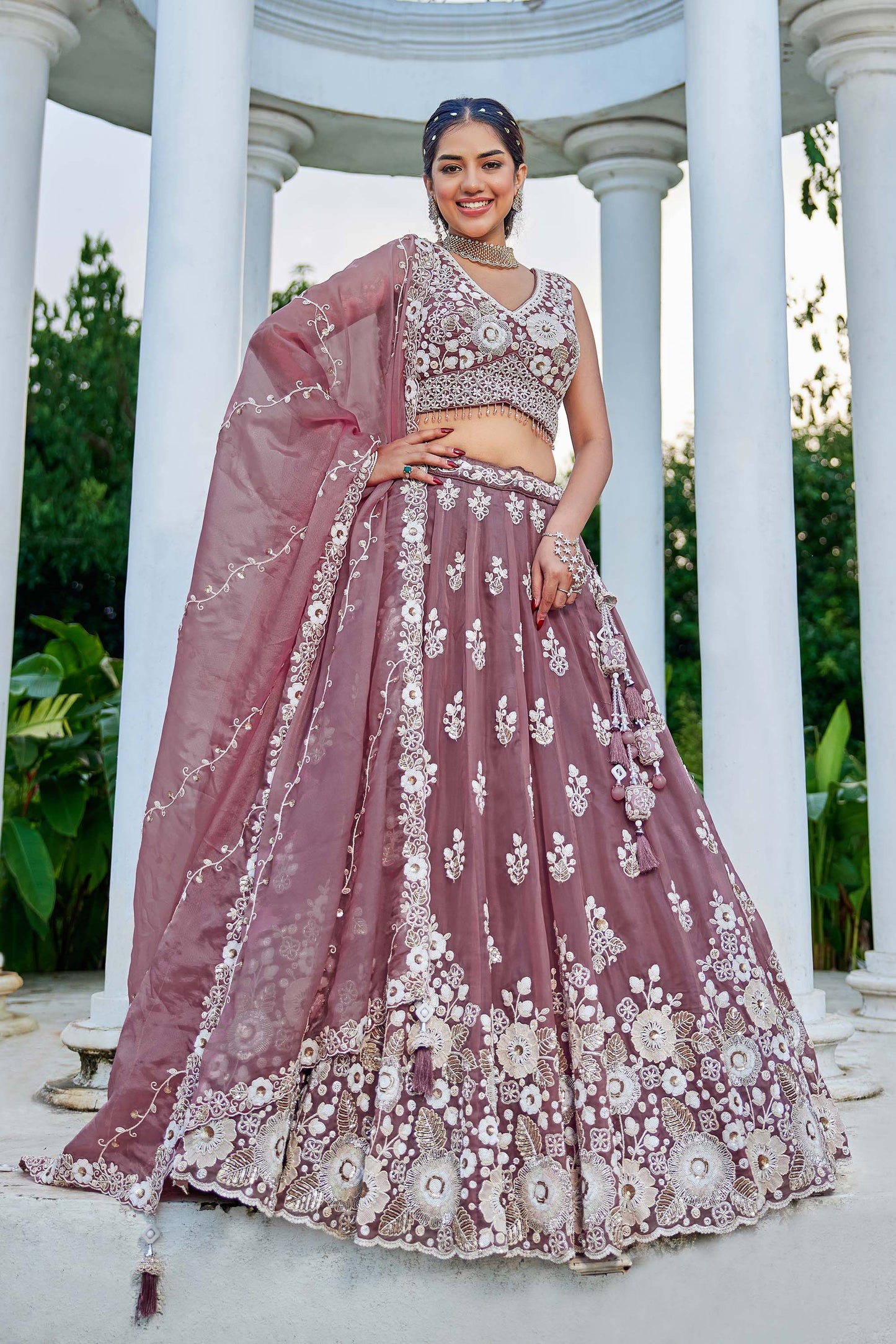 Lavender Organza Beads & Sequins Embroidered Ready to Wear Engagement Lehenga