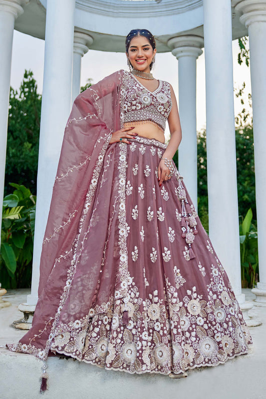 Lavender Organza Beads & Sequins Embroidered Ready to Wear Engagement Lehenga