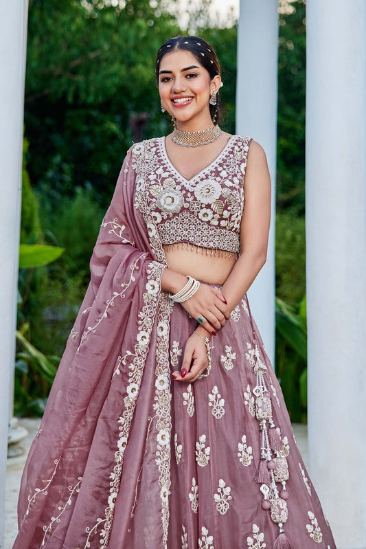 Lavender Organza Beads & Sequins Embroidered Ready to Wear Engagement Lehenga