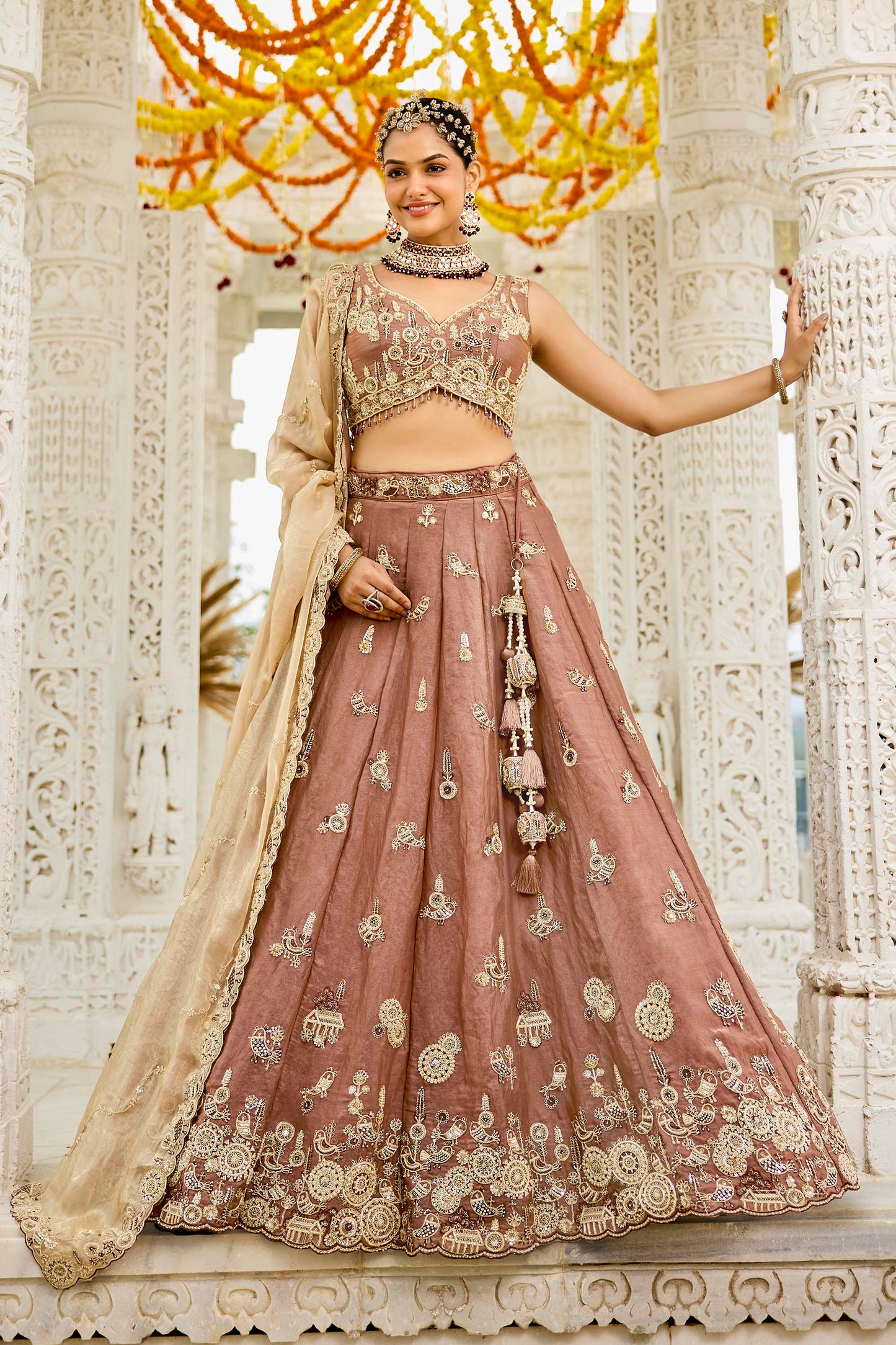 Beige Tissue Beads & Sequins Embroidered Ready to Wear Bridal Lehenga