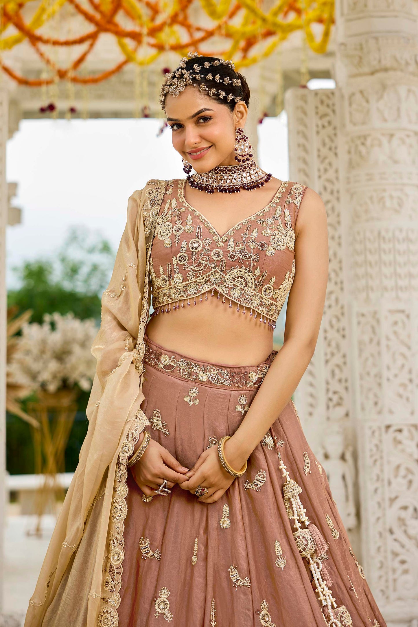 Beige Tissue Beads & Sequins Embroidered Ready to Wear Bridal Lehenga
