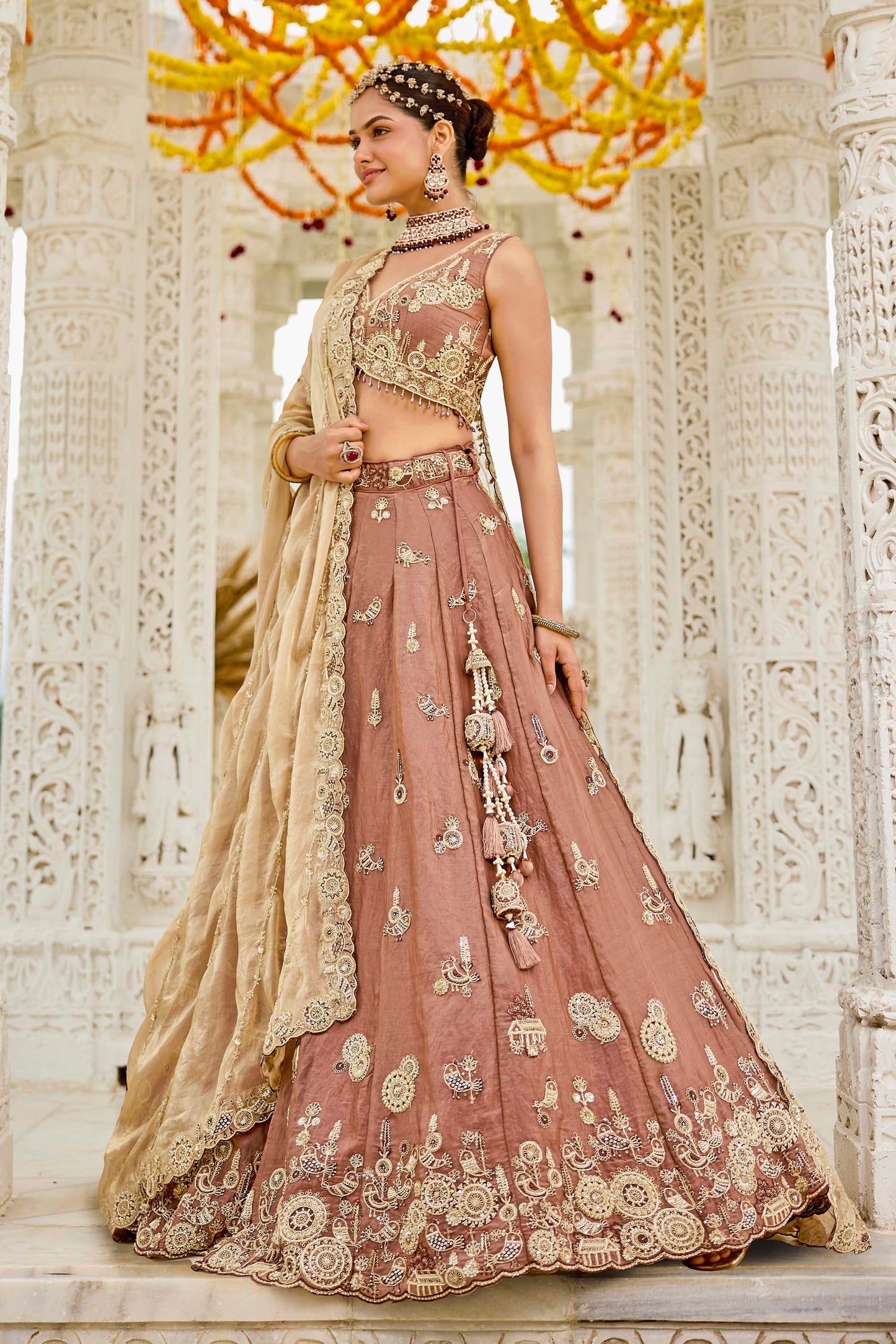 Beige Tissue Beads & Sequins Embroidered Ready to Wear Bridal Lehenga