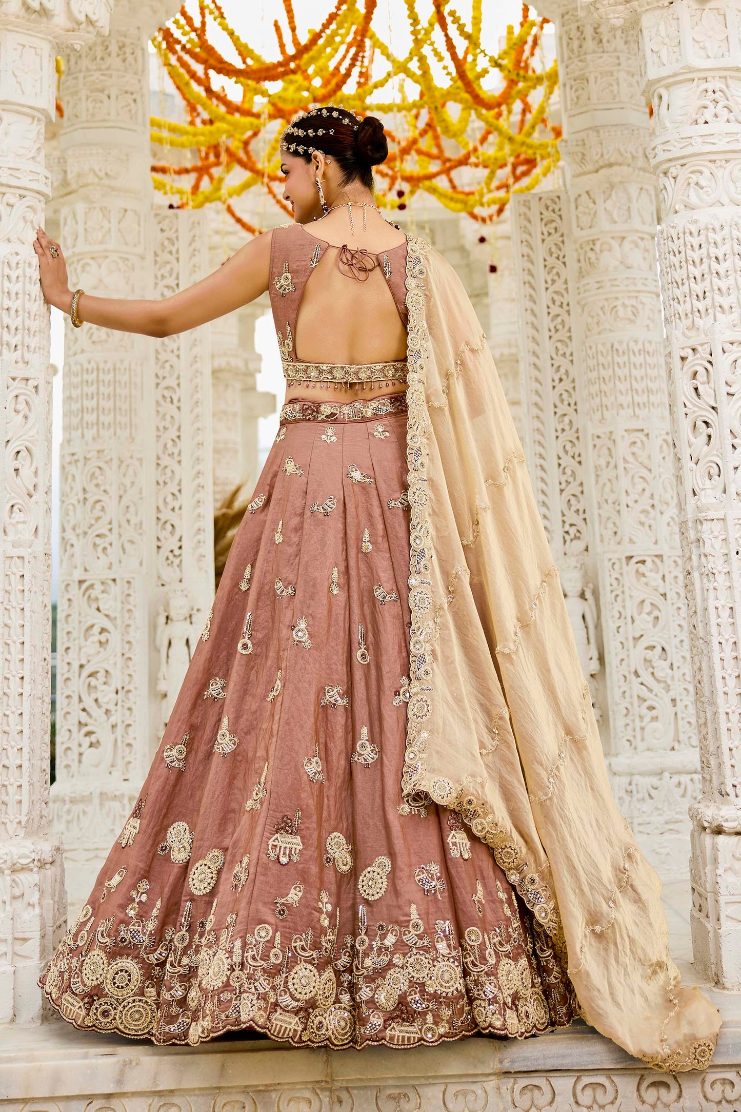 Beige Tissue Beads & Sequins Embroidered Ready to Wear Bridal Lehenga