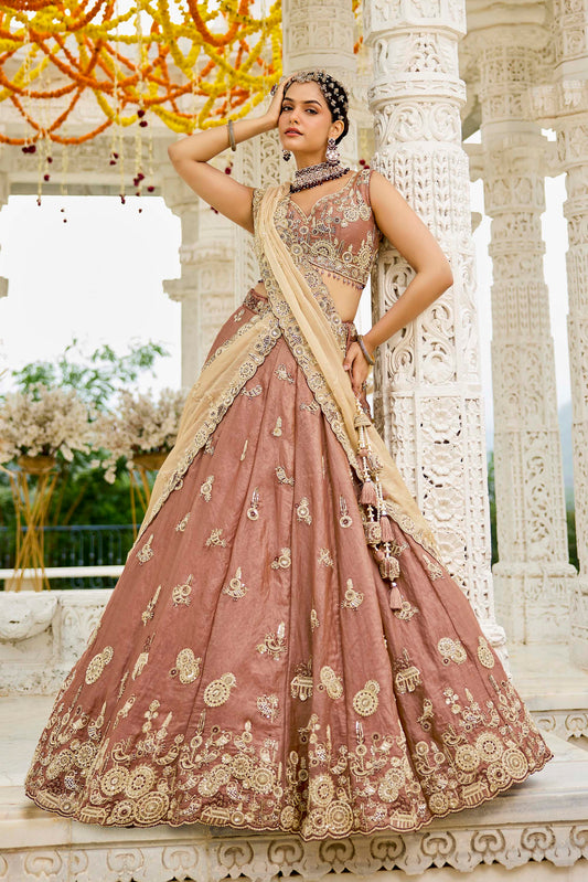 Beige Tissue Beads & Sequins Embroidered Ready to Wear Bridal Lehenga