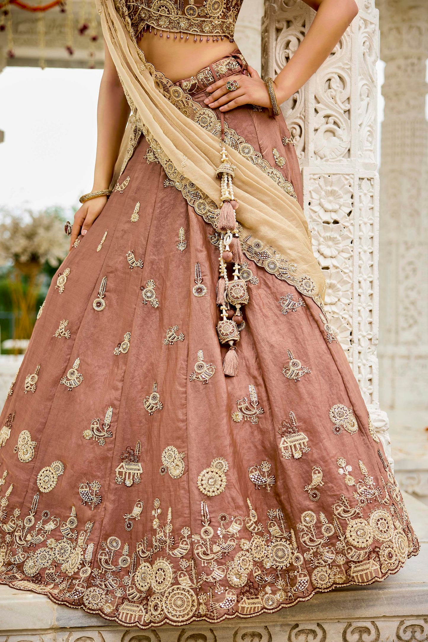 Beige Tissue Beads & Sequins Embroidered Ready to Wear Bridal Lehenga