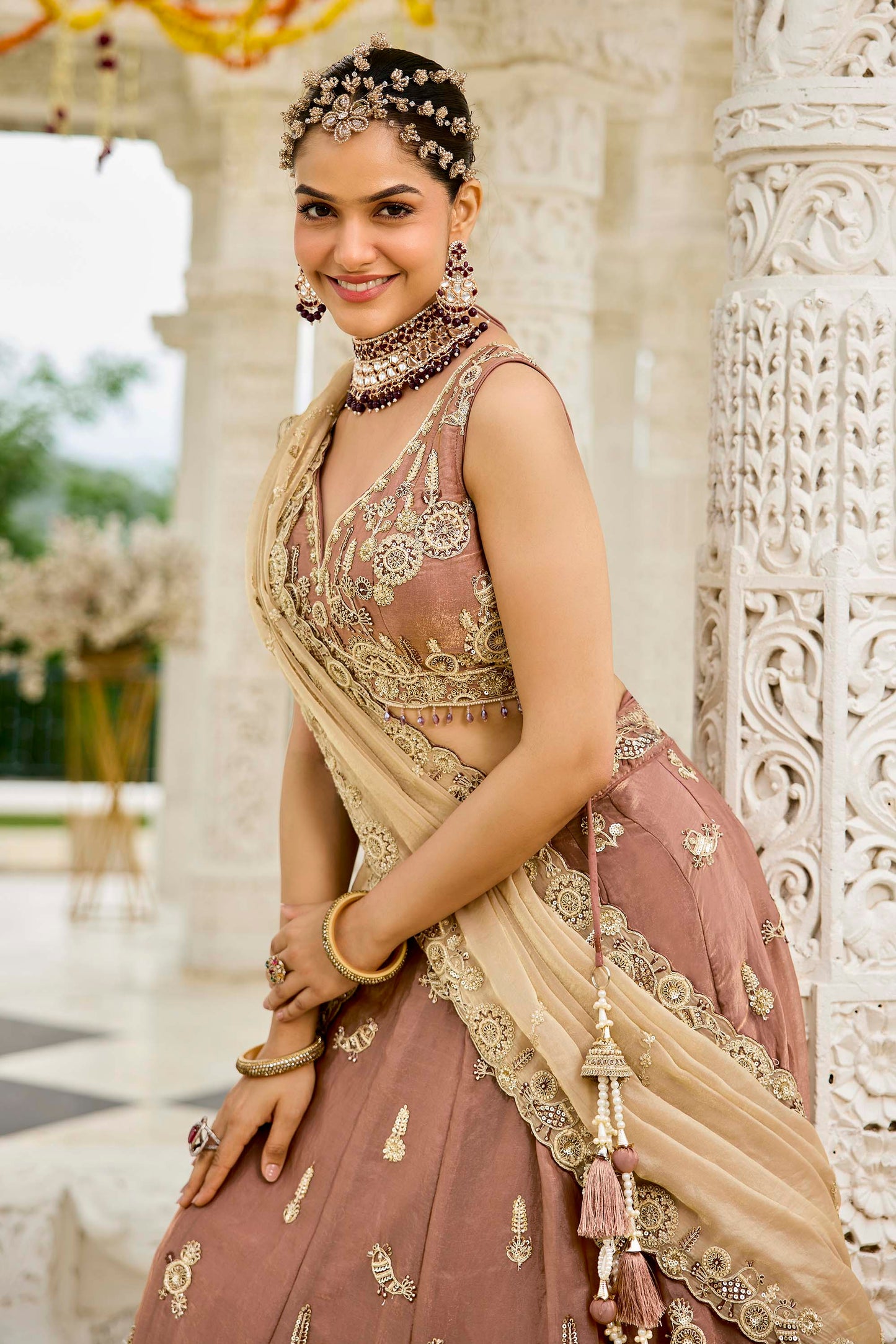 Beige Tissue Beads & Sequins Embroidered Ready to Wear Bridal Lehenga