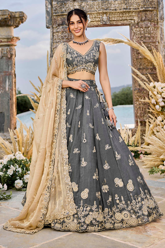 Grey Tissue Beads & Sequins Embroidered Ready to Wear Bridesmaid Lehenga