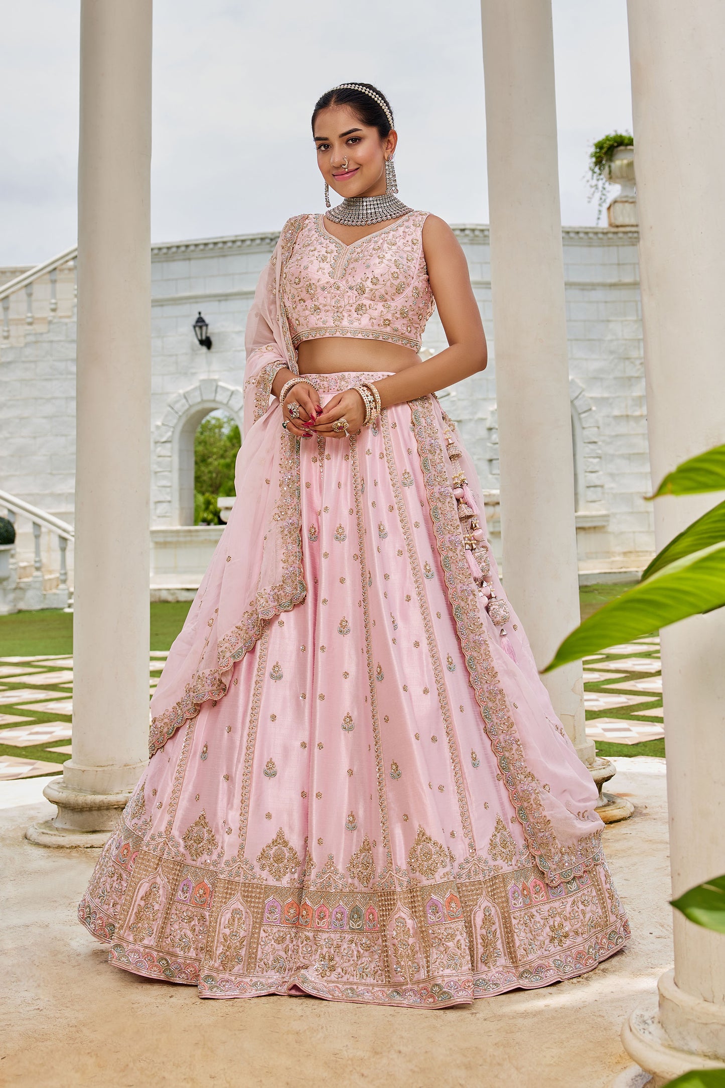 Pink Silk Beads & Sequins Embroidery Bridesmaid Lehenga for Wedding
