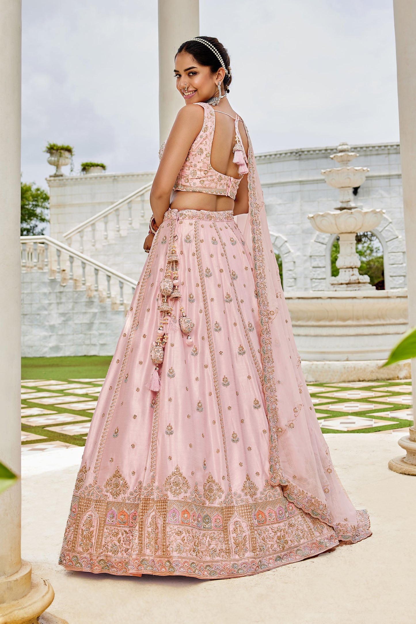 Pink Silk Beads & Sequins Embroidery Bridesmaid Lehenga for Wedding