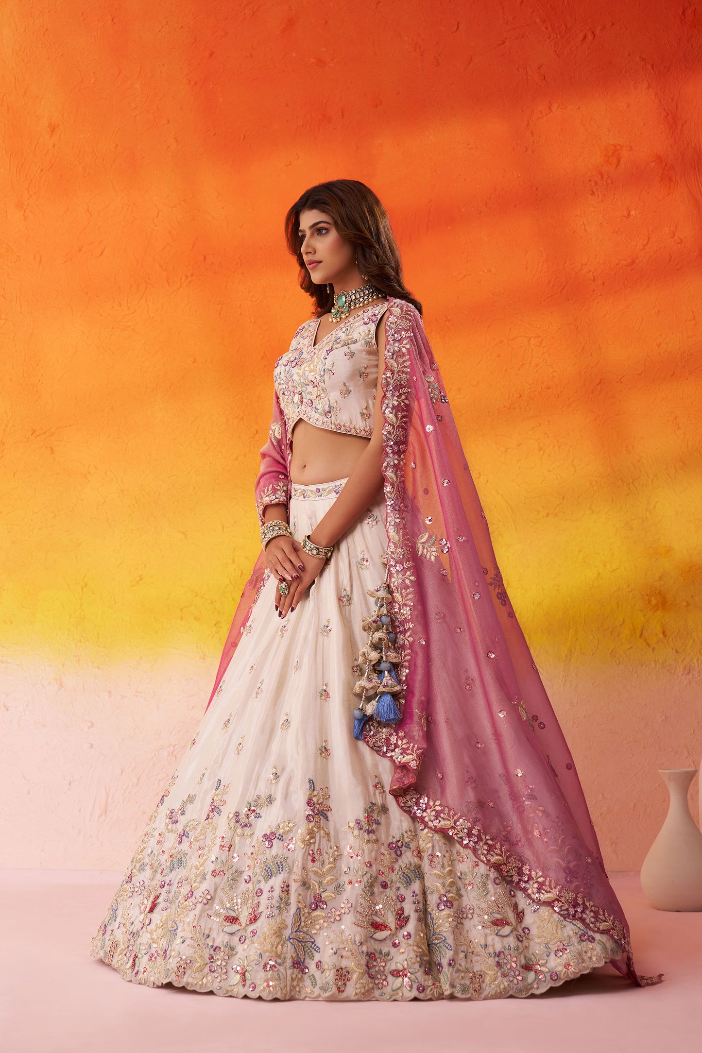 Beige Tissue Sequins, Thread & Embroidery Wedding Guest Lehenga