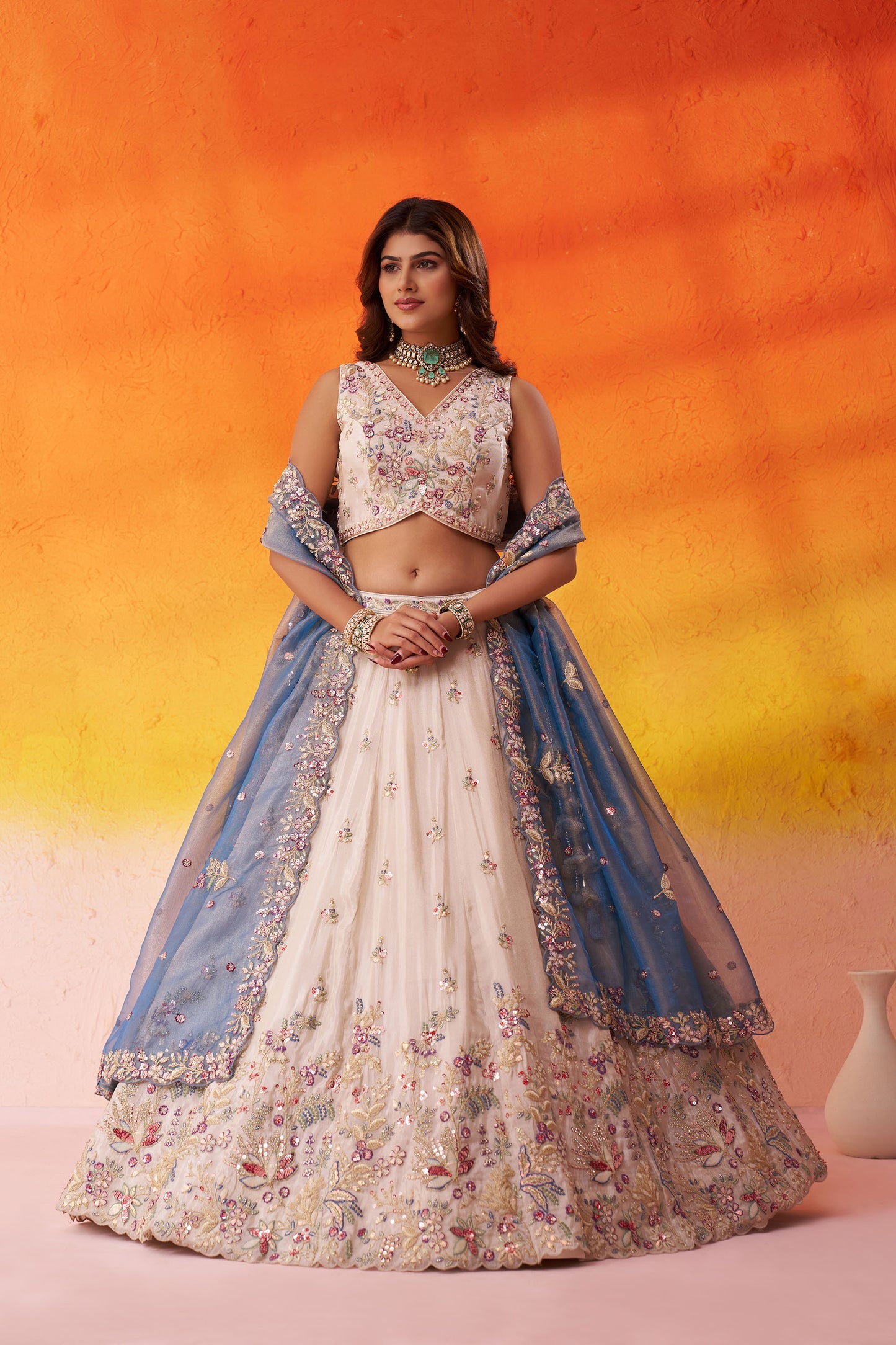 Beige Tissue Sequins, Thread & Embroidery Bridesmaid Lehenga