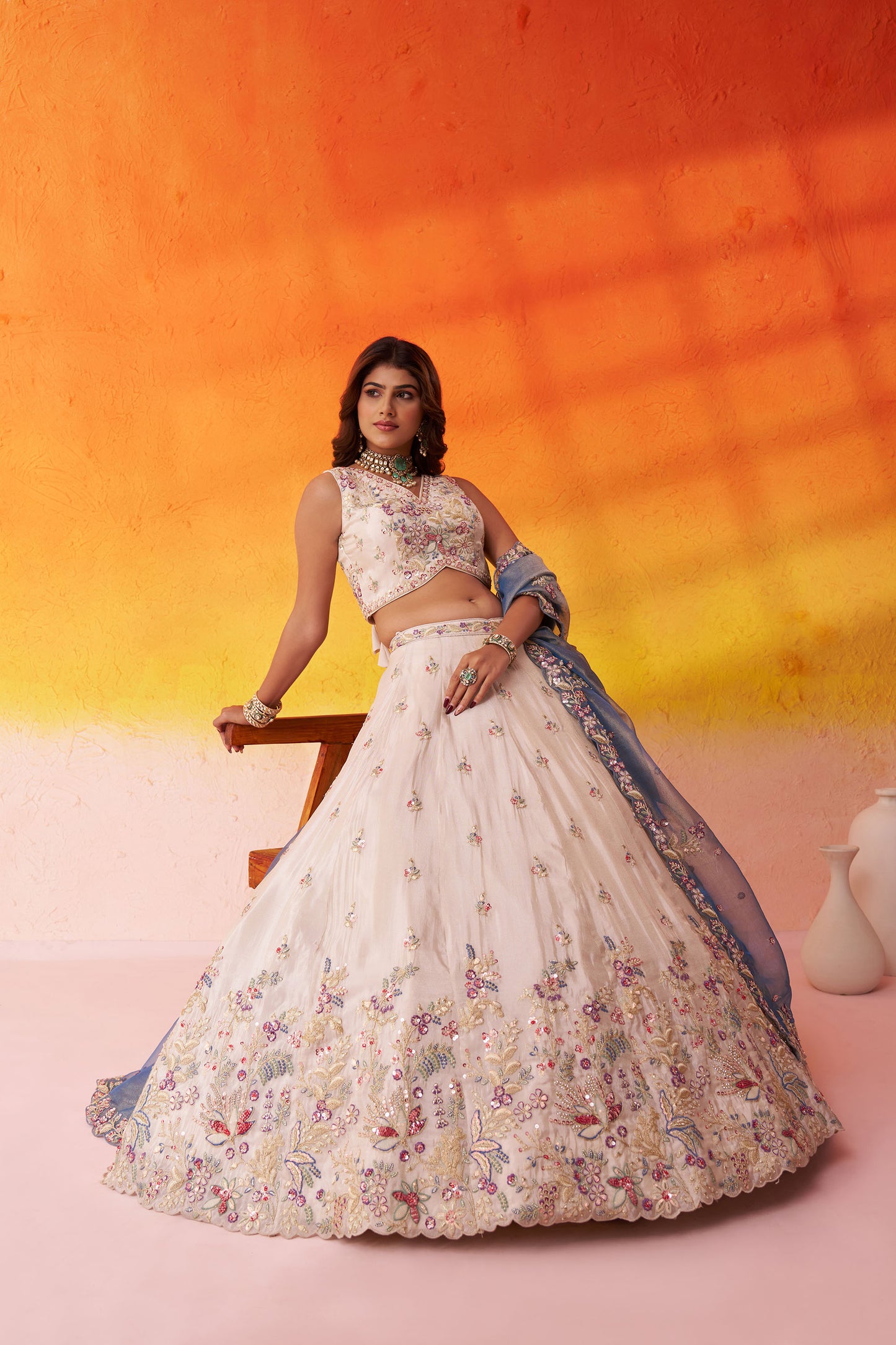 Beige Tissue Sequins, Thread & Embroidery Bridesmaid Lehenga