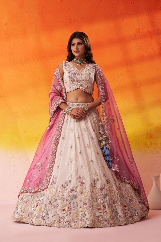 Beige Tissue Sequins, Thread & Embroidery Wedding Guest Lehenga