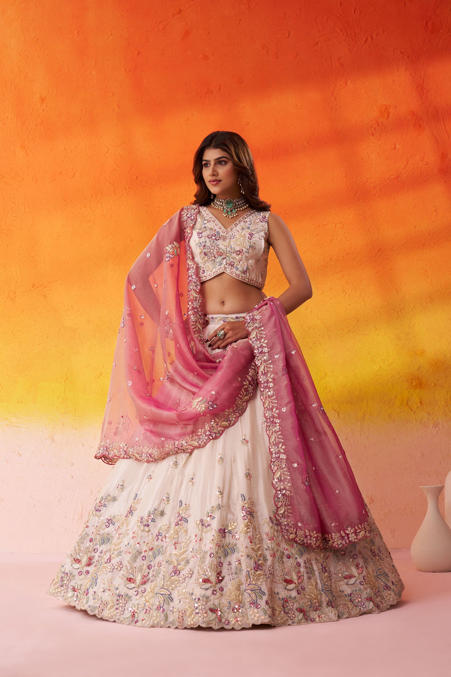 Beige Tissue Sequins, Thread & Embroidery Wedding Guest Lehenga