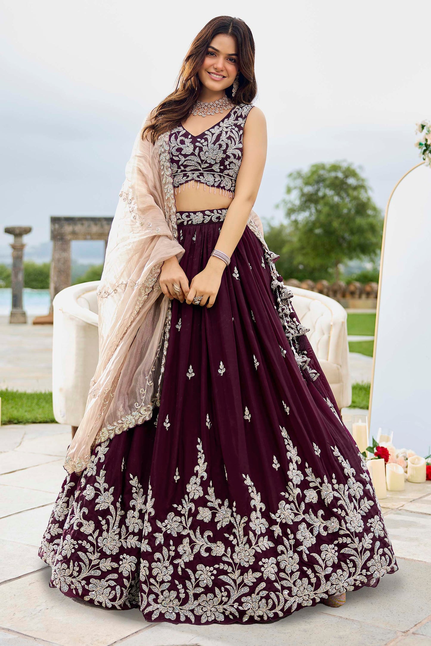 Wine Satin Silk Beads & Sequins Embroidered Ready to Wear Bridesmaid Lehenga