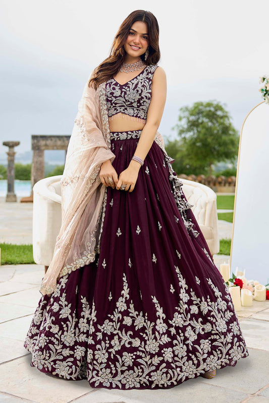 Wine Satin Silk Beads & Sequins Embroidered Ready to Wear Bridesmaid Lehenga