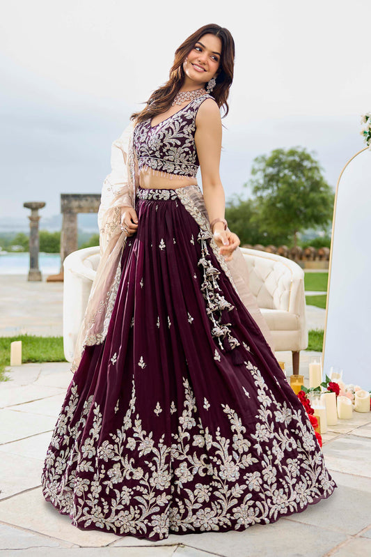 Wine Satin Silk Beads & Sequins Embroidered Ready to Wear Bridesmaid Lehenga