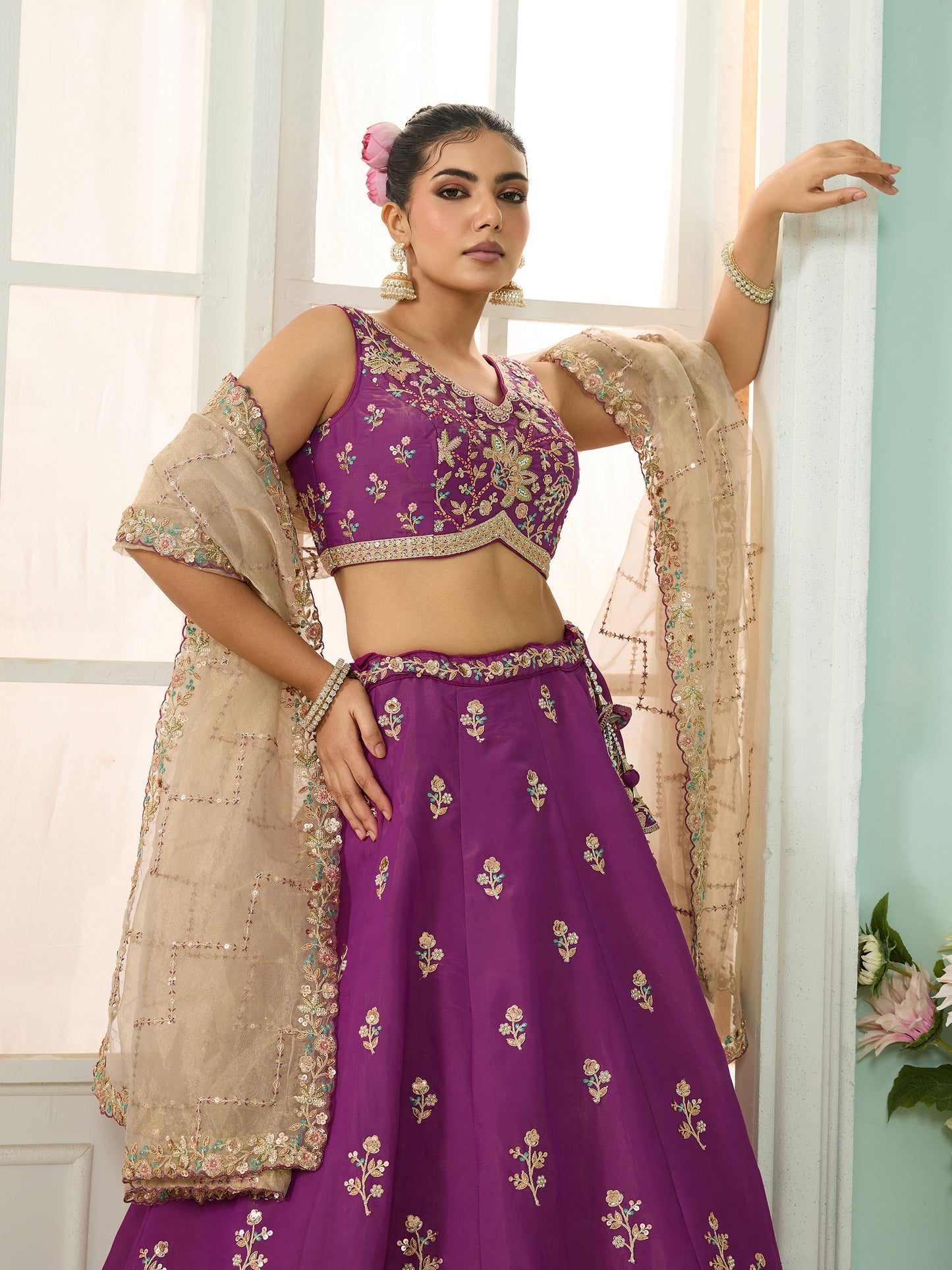 Burgundy Georgette Sequins Embroidery Lehenga for Sangeet