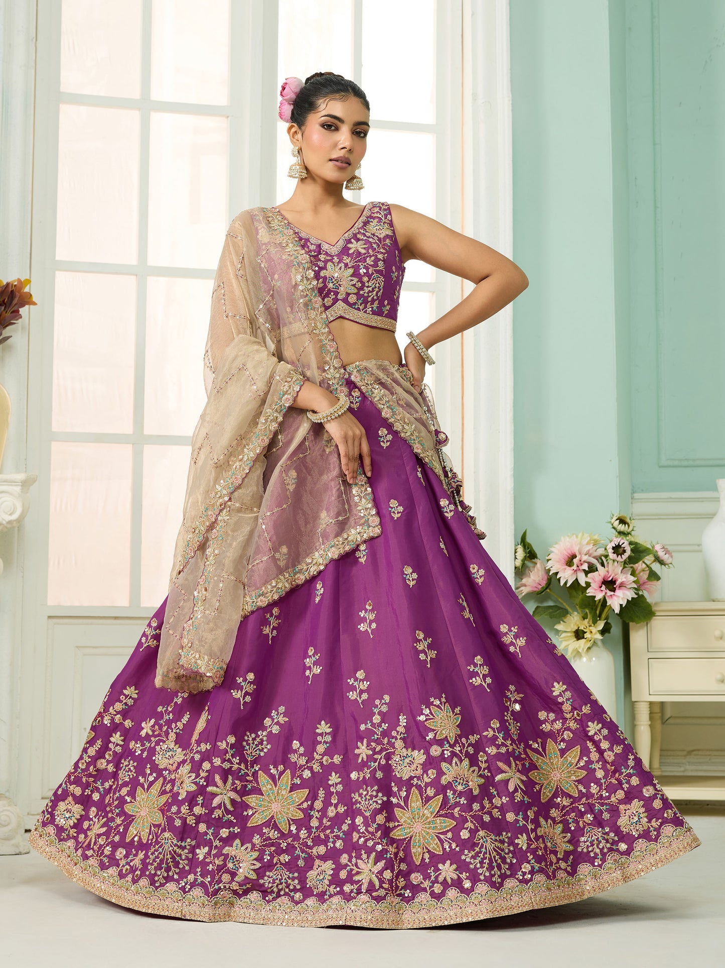 Burgundy Georgette Sequins Embroidery Lehenga for Sangeet