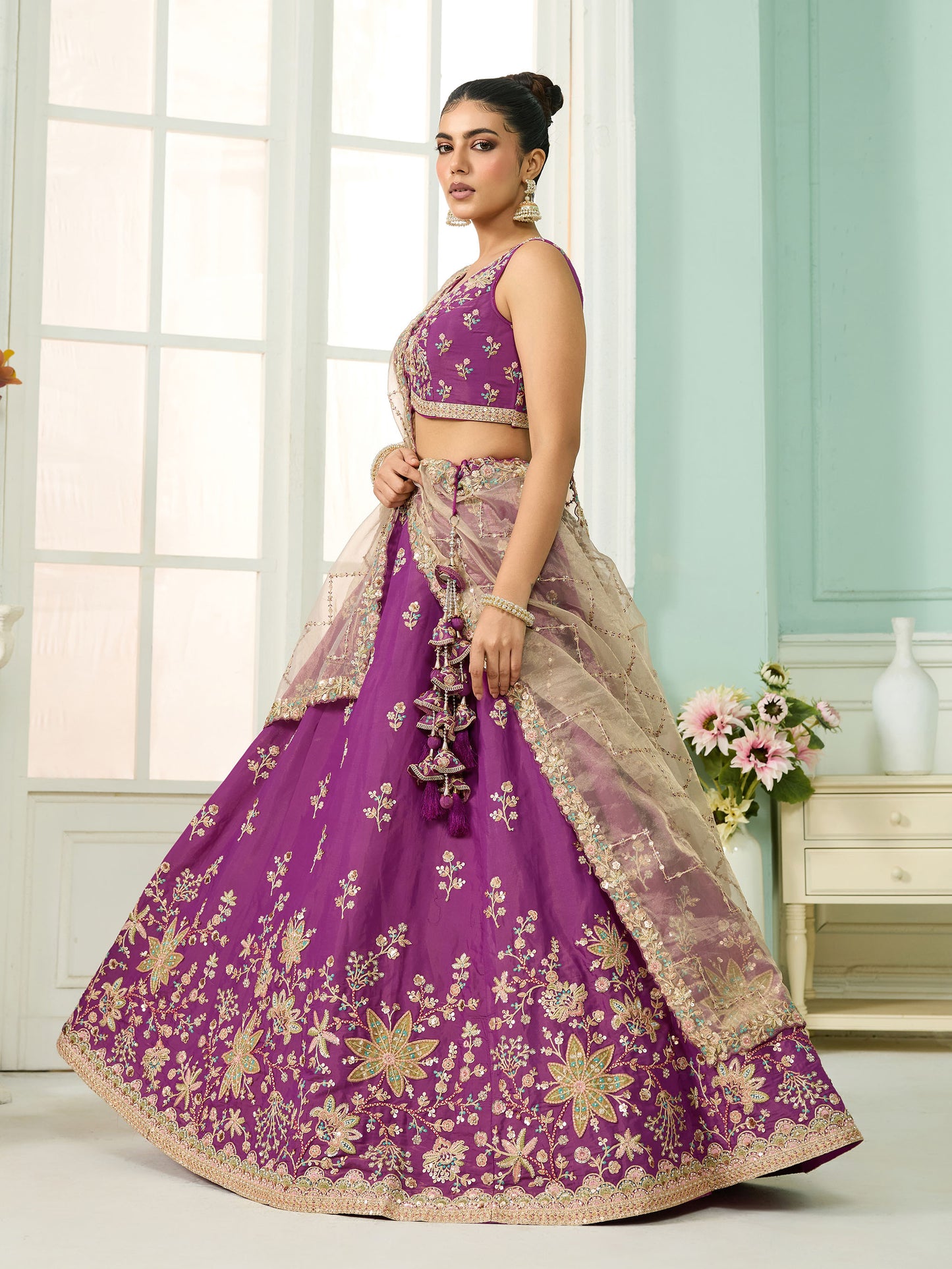 Burgundy Georgette Sequins Embroidery Lehenga for Sangeet