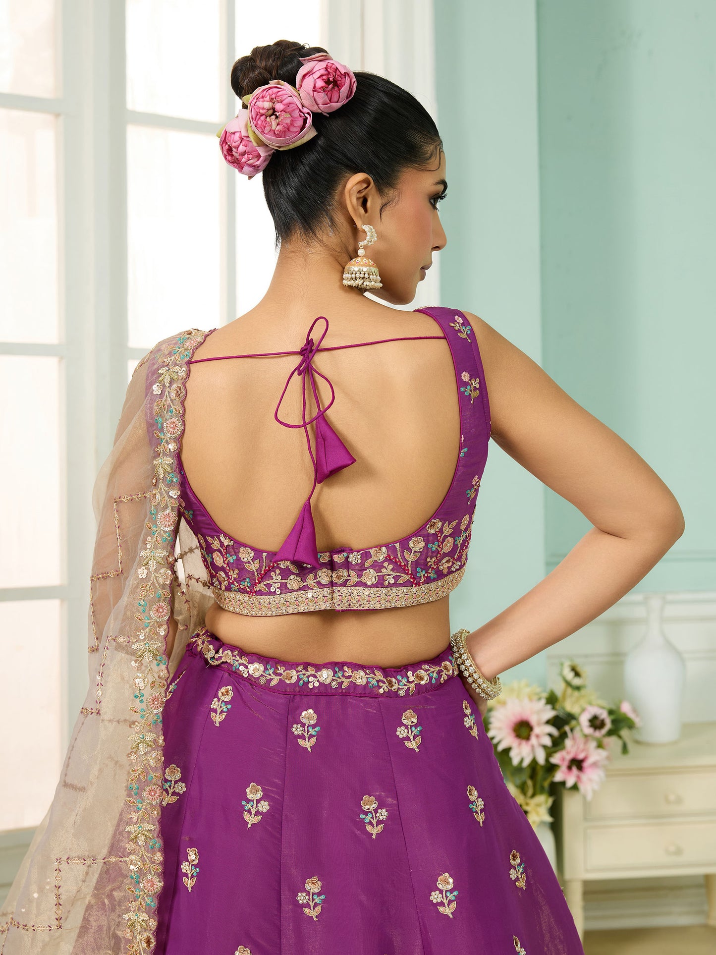 Burgundy Georgette Sequins Embroidery Lehenga for Sangeet