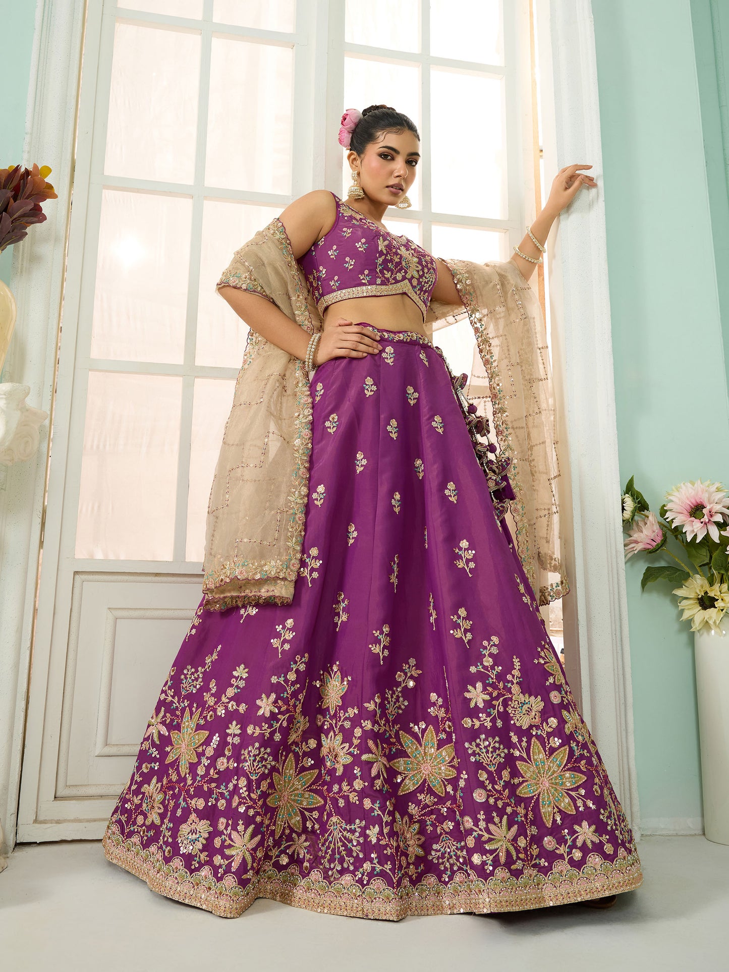 Burgundy Georgette Sequins Embroidery Lehenga for Sangeet